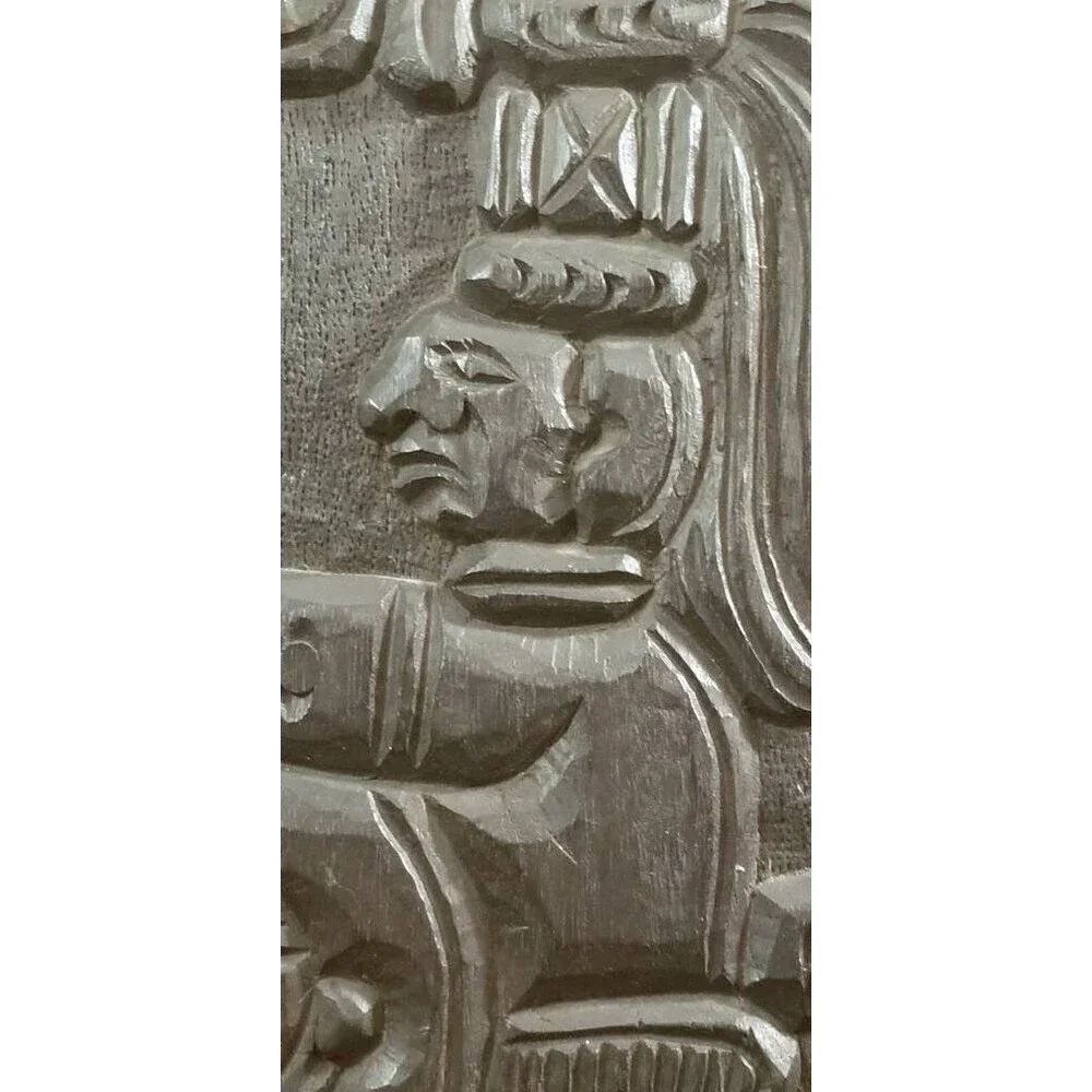 Vintage Aztec Mayan Mesoamerican God or Priest Hand Carved Wooden Figural Plaque